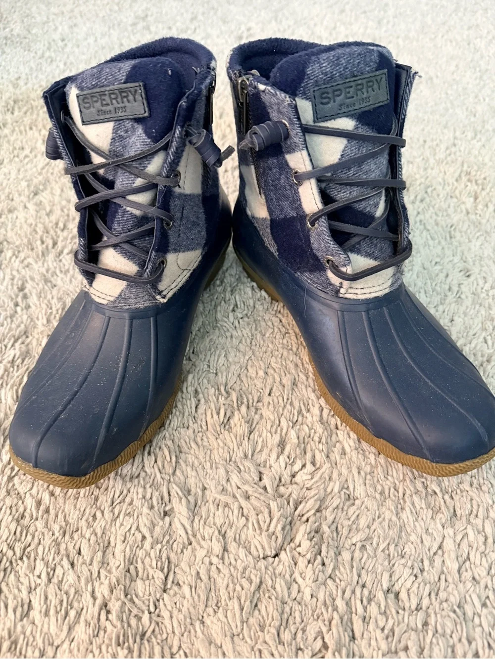 Sperry Navy and White Plaid Waterproof Duck Boots fall flannel cozy